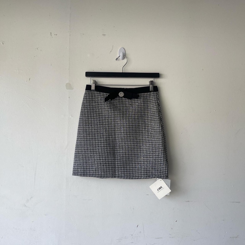 J.ING Black White Plaid Gingham Flower Brooch Bow Detail Mini Skirt Size M